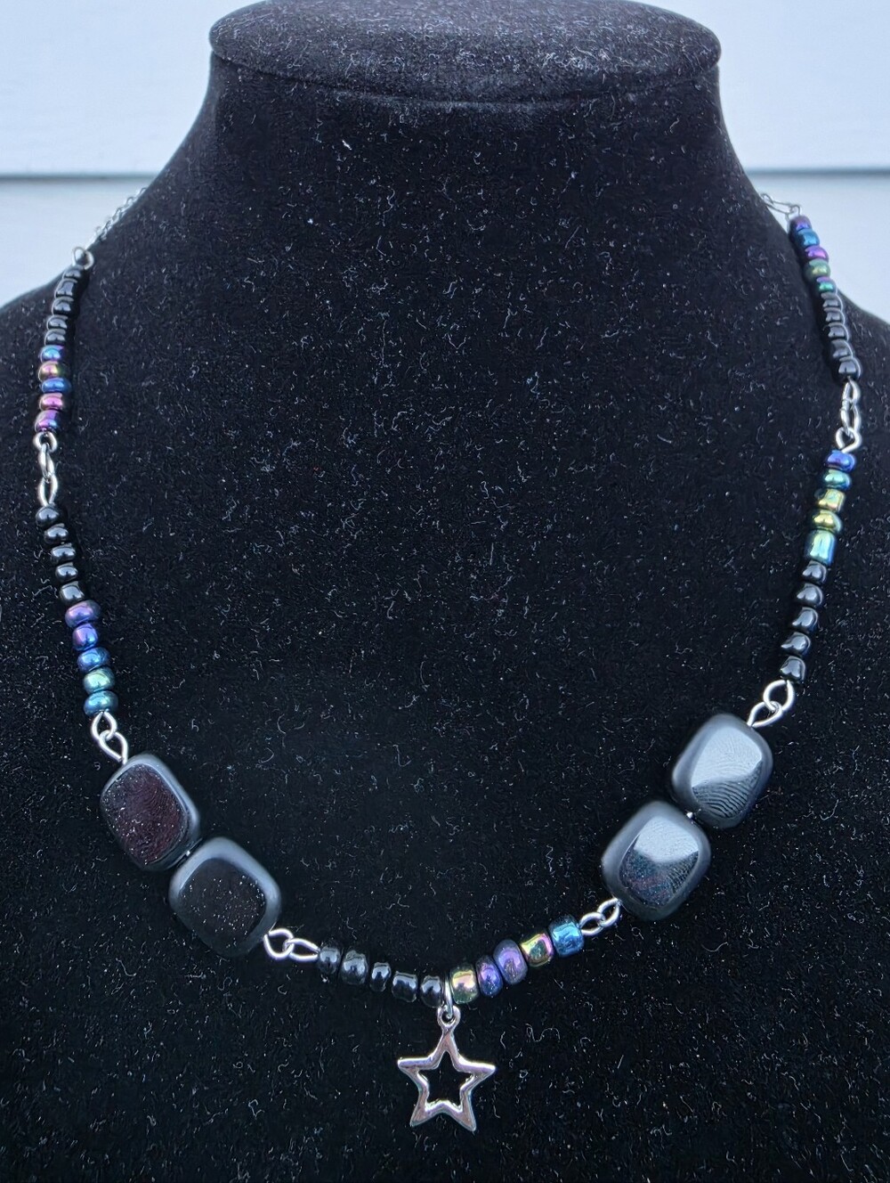 Celestial Star Pendant Iridescent Glass Bead Necklace | Stainless Steel
